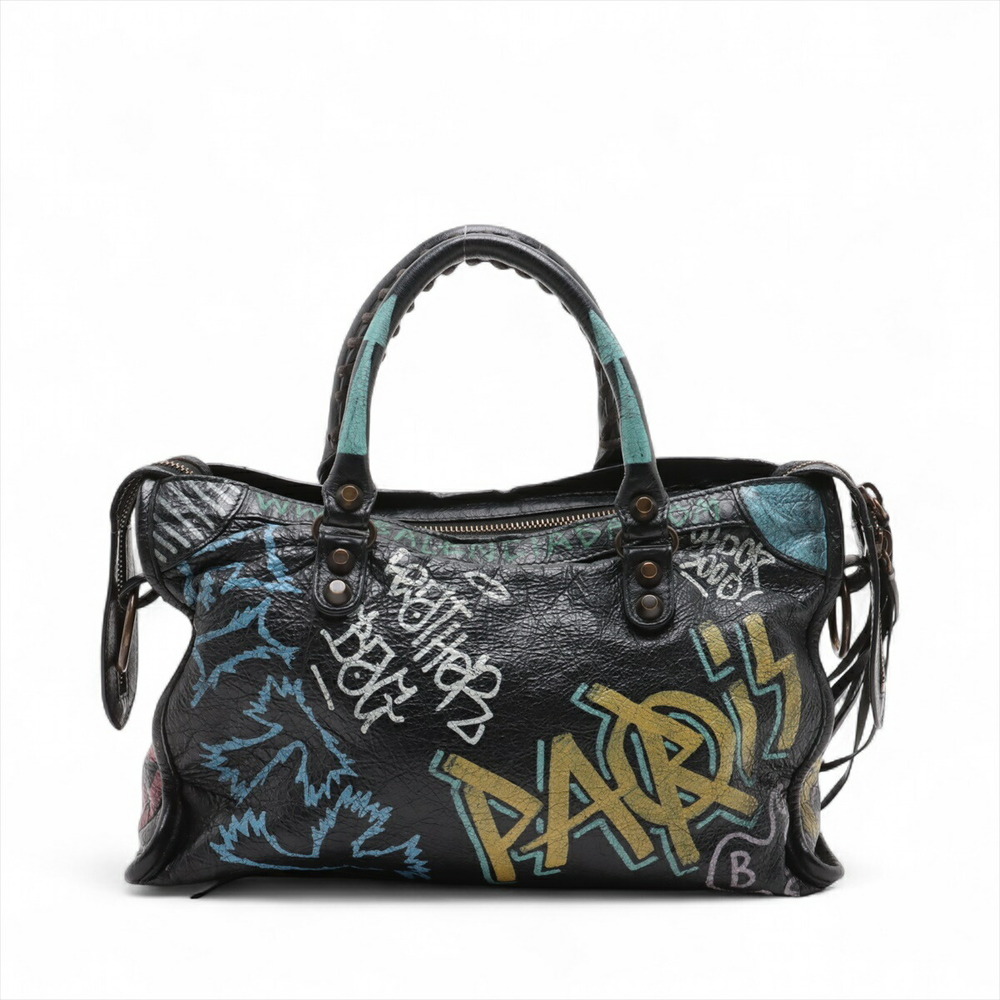 Balenciaga Graffiti City Leather Handbag Black Mirror - Picture 2 of 8